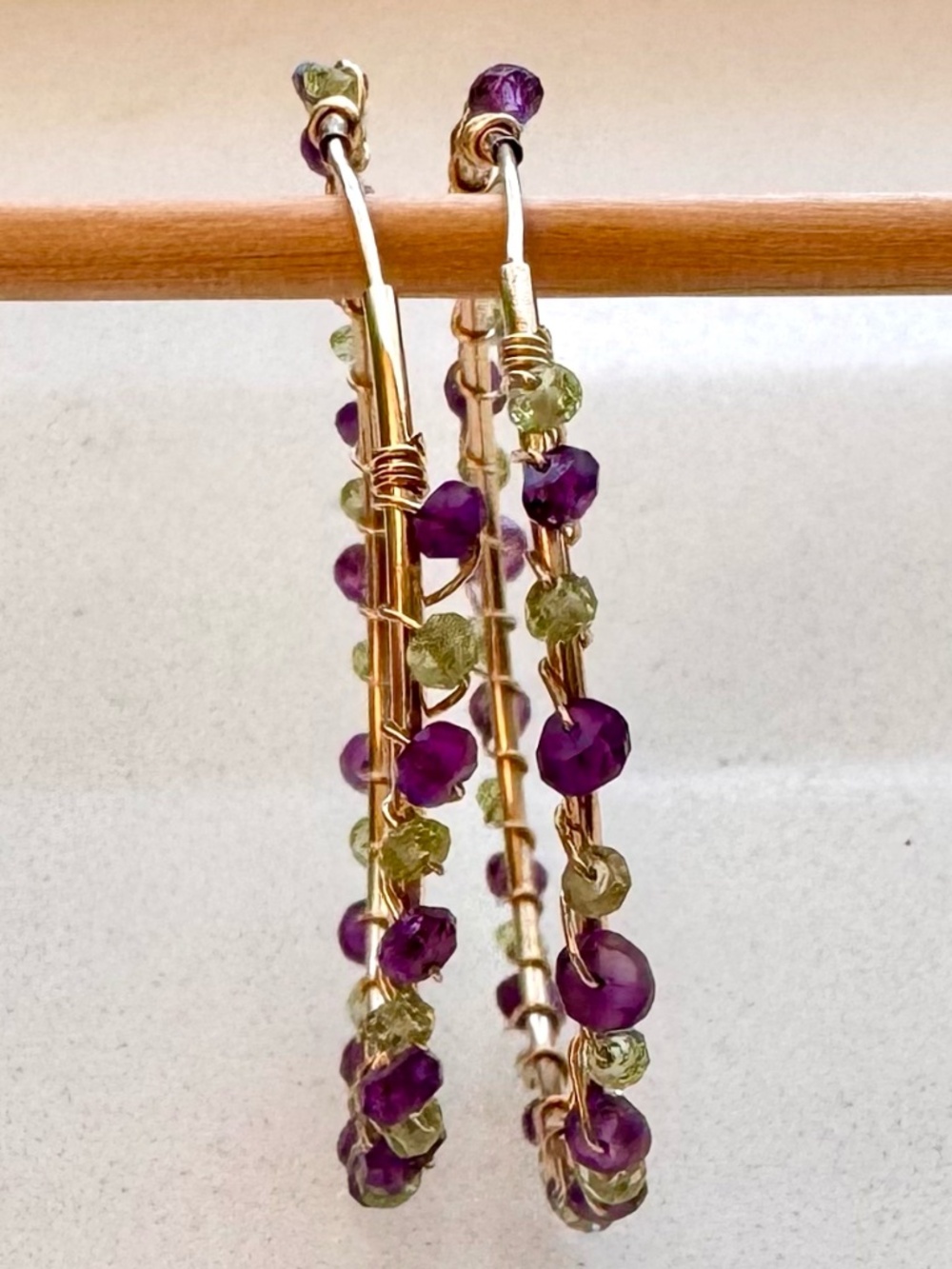 14k Gold Filled Amethyst Peridot Wire Wrapped Hoop Earrings Boho Statement